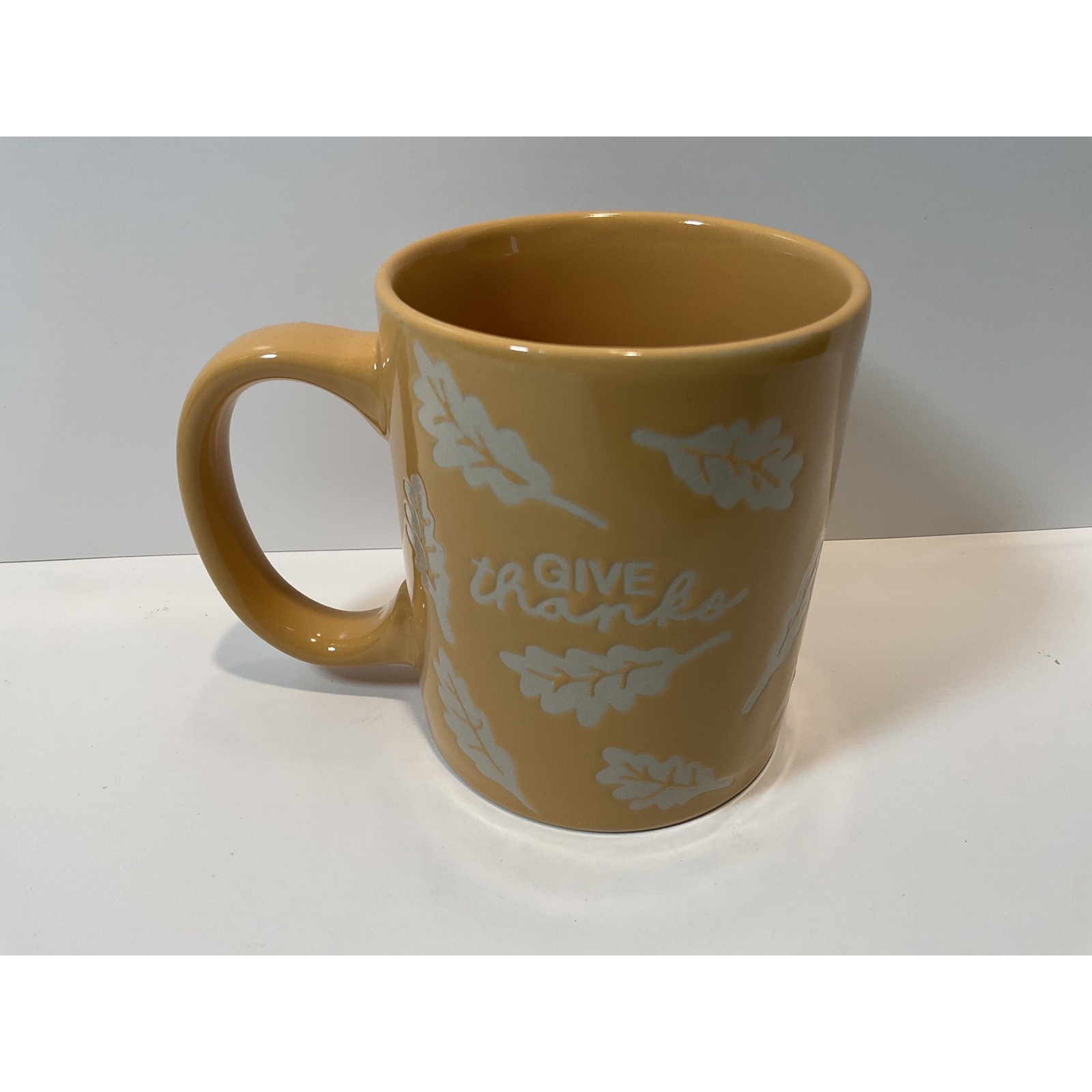 Thankful Harvest Mug Give Thanks Oak Leaves Amber Ceramic Coffee Cup