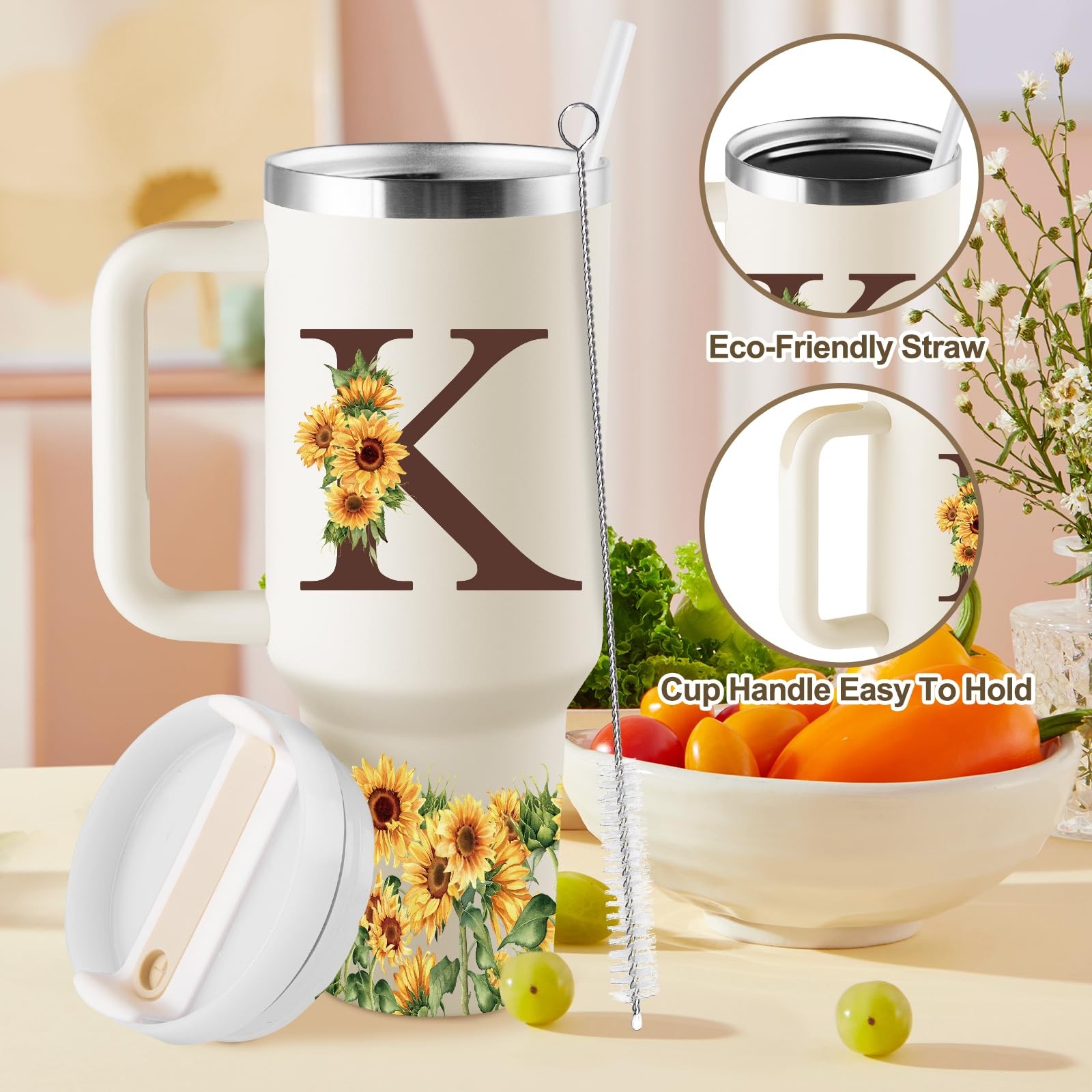 ROSTANTEN Sunflower Gifts for Women – Monogrammed 40 oz Tumbler with Handle &