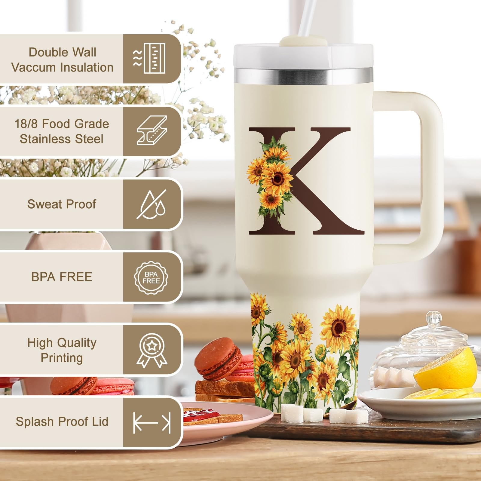 ROSTANTEN Sunflower Gifts for Women – Monogrammed 40 oz Tumbler with Handle &
