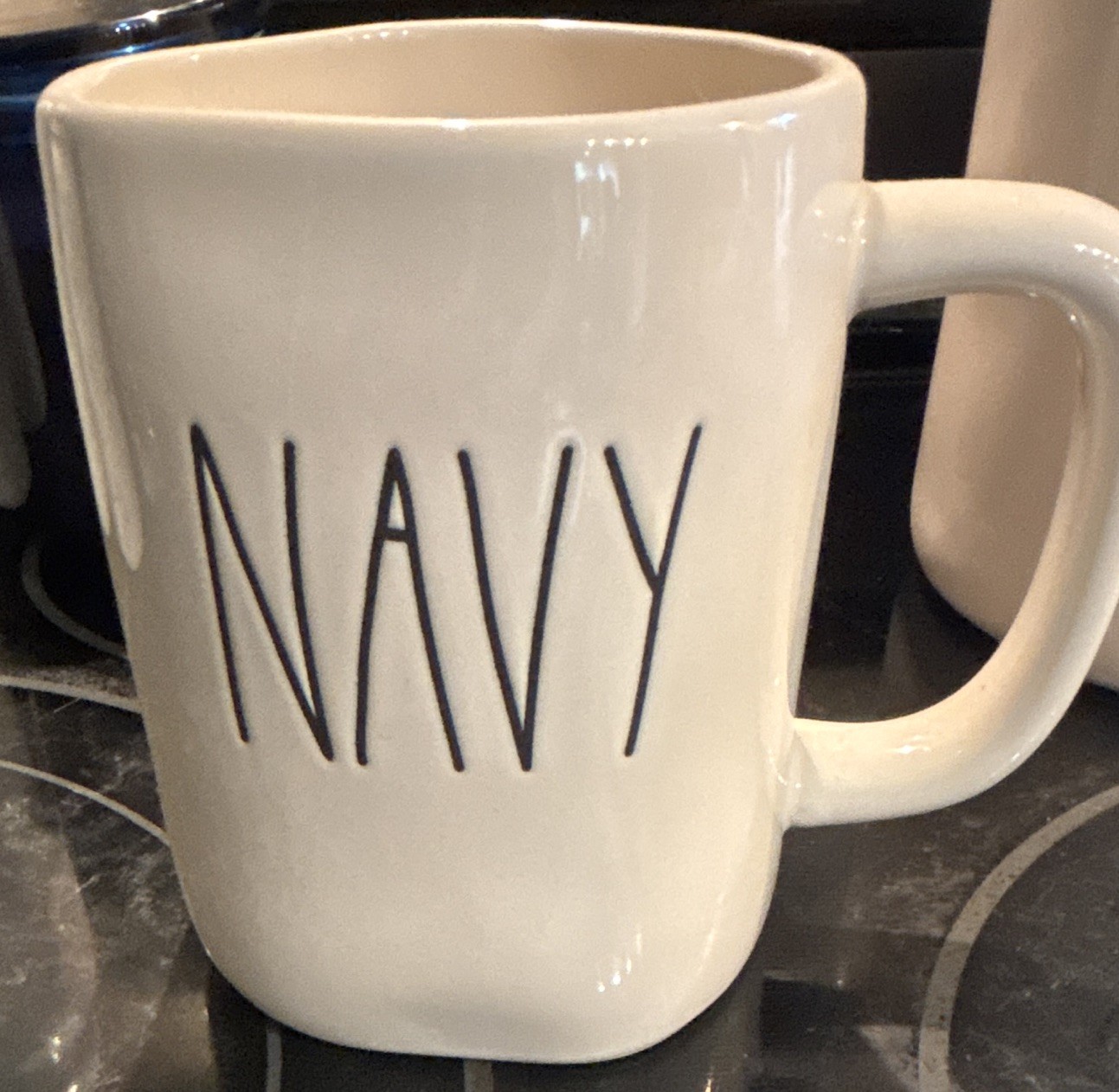Rae Dunn Ceramic White Coffee Mug w/ NAVY Text 16 fl oz Decorated Novelty Round