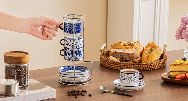 Espresso Cups, Porcelain Stackable Cappuccino Cups, Demitasse Coffee Cups and