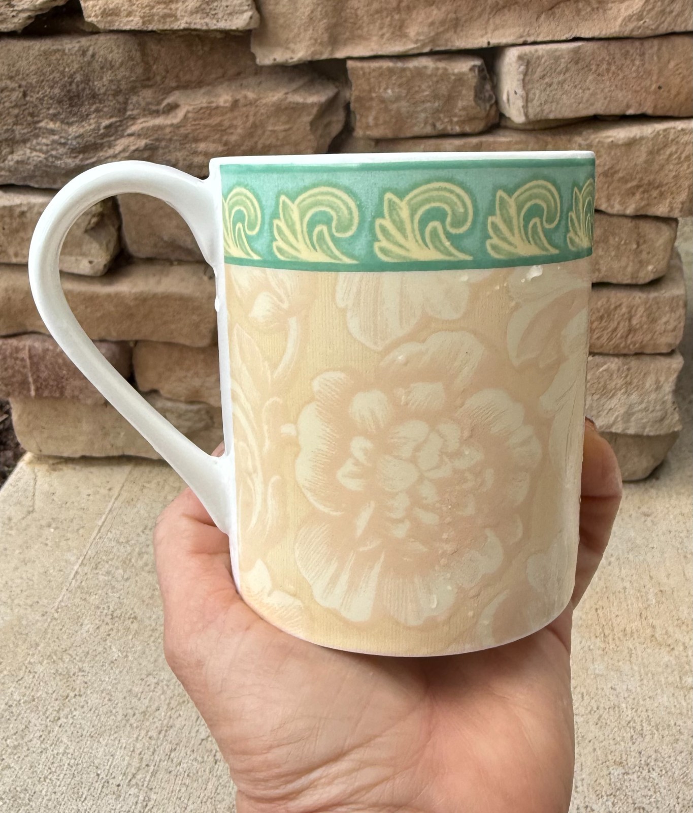 corning ware four piece ceramic coffee mug peach and teal peony floral