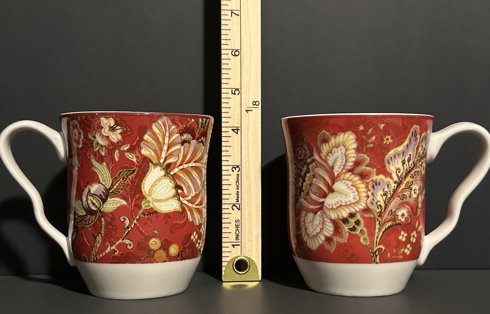 222 Fifth Gabrielle Red Floral Set of Two 4.25″ Fine China Coffee Mugs Tea Cups