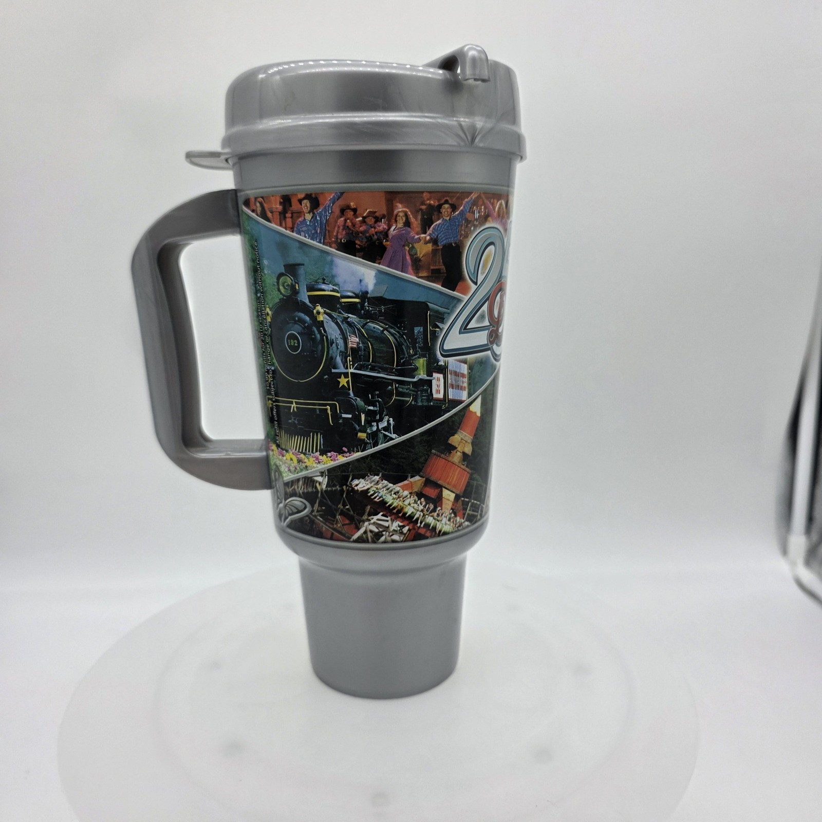 Dollywood Travel Mug Gray Plastic 25th Anniversary Theme Park Logo Handle Cup