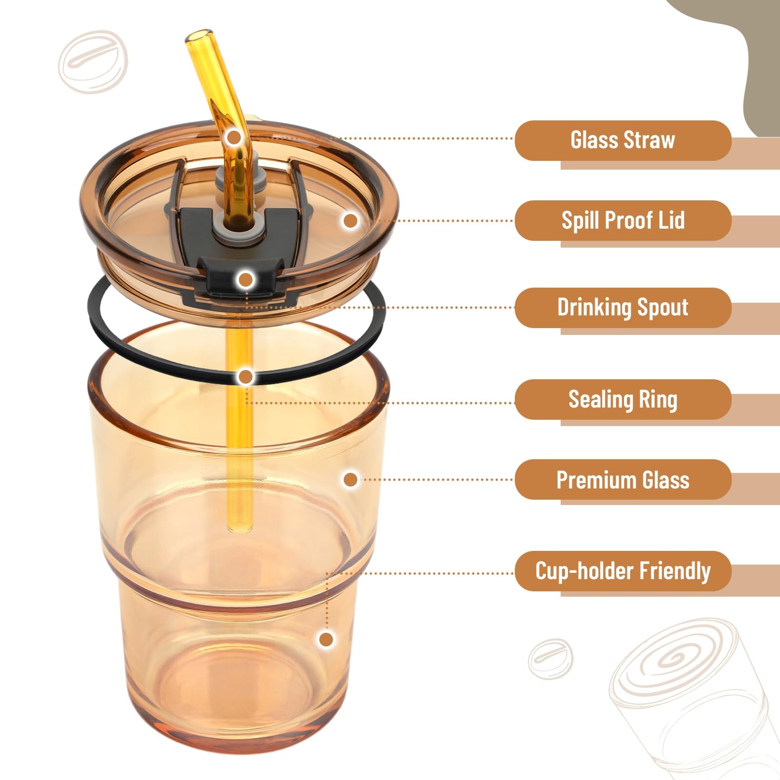 Cafezi 13 oz Amber Glass Tumbler with Lid & Straw, 2 Pack