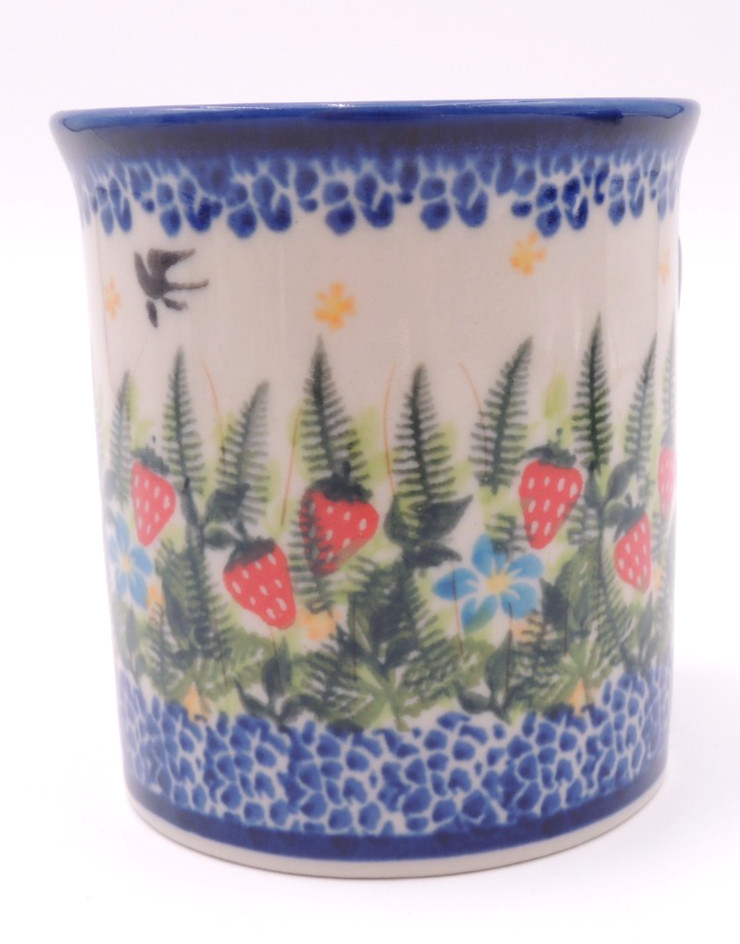 NEW Polish Pottery Cup Mug Kalich Boleslawiec #455 Strawberries Birds RARE