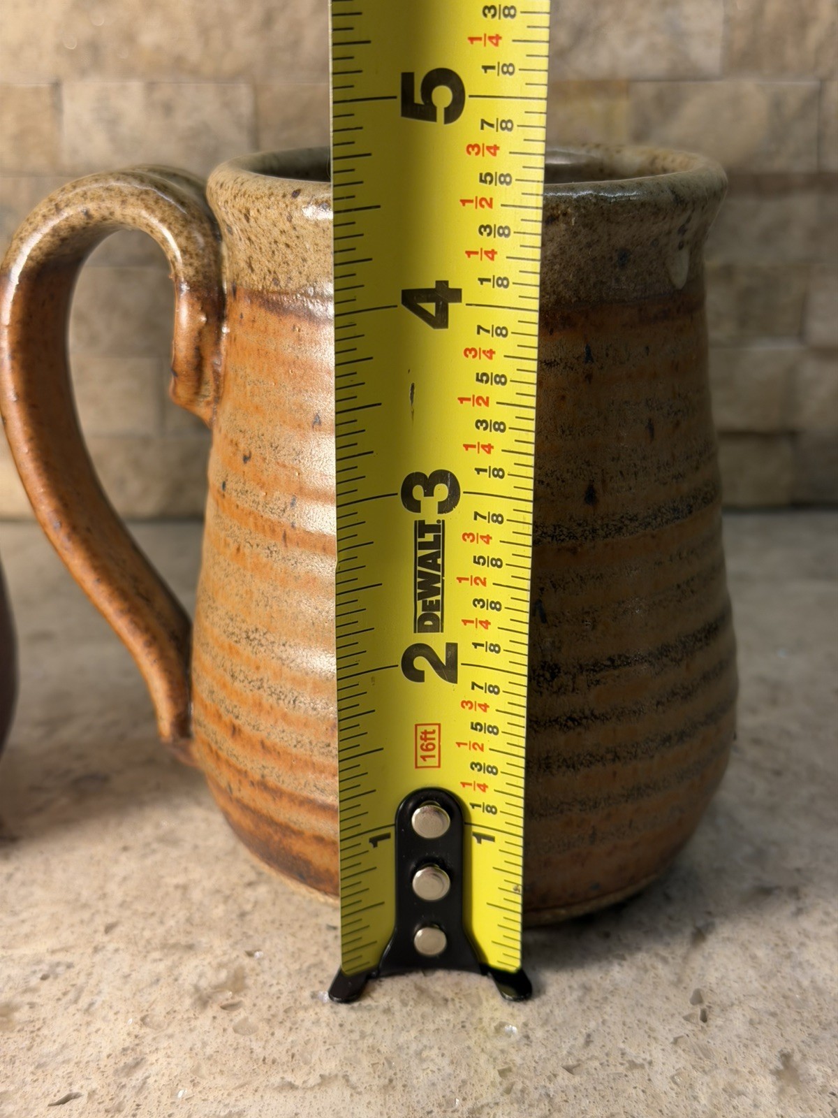 2 signed Studio Ceramic Stoneware Pottery Speckled Coffee Cup Mugs 4 1/2 & 4 3/8