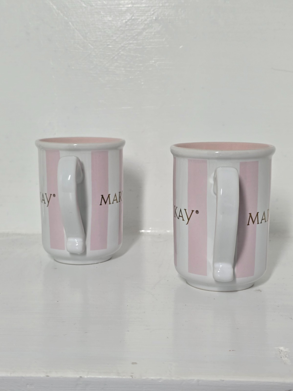 Mary Kay Pink Stripe Coffee Mug Set of 2 Made in Thailand Mint Condition