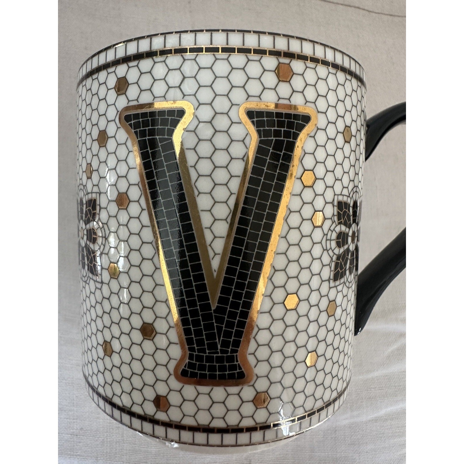 Anthropologie Victory Coffee Mug Bistro Margot Monogram Tile Metallic Cup V