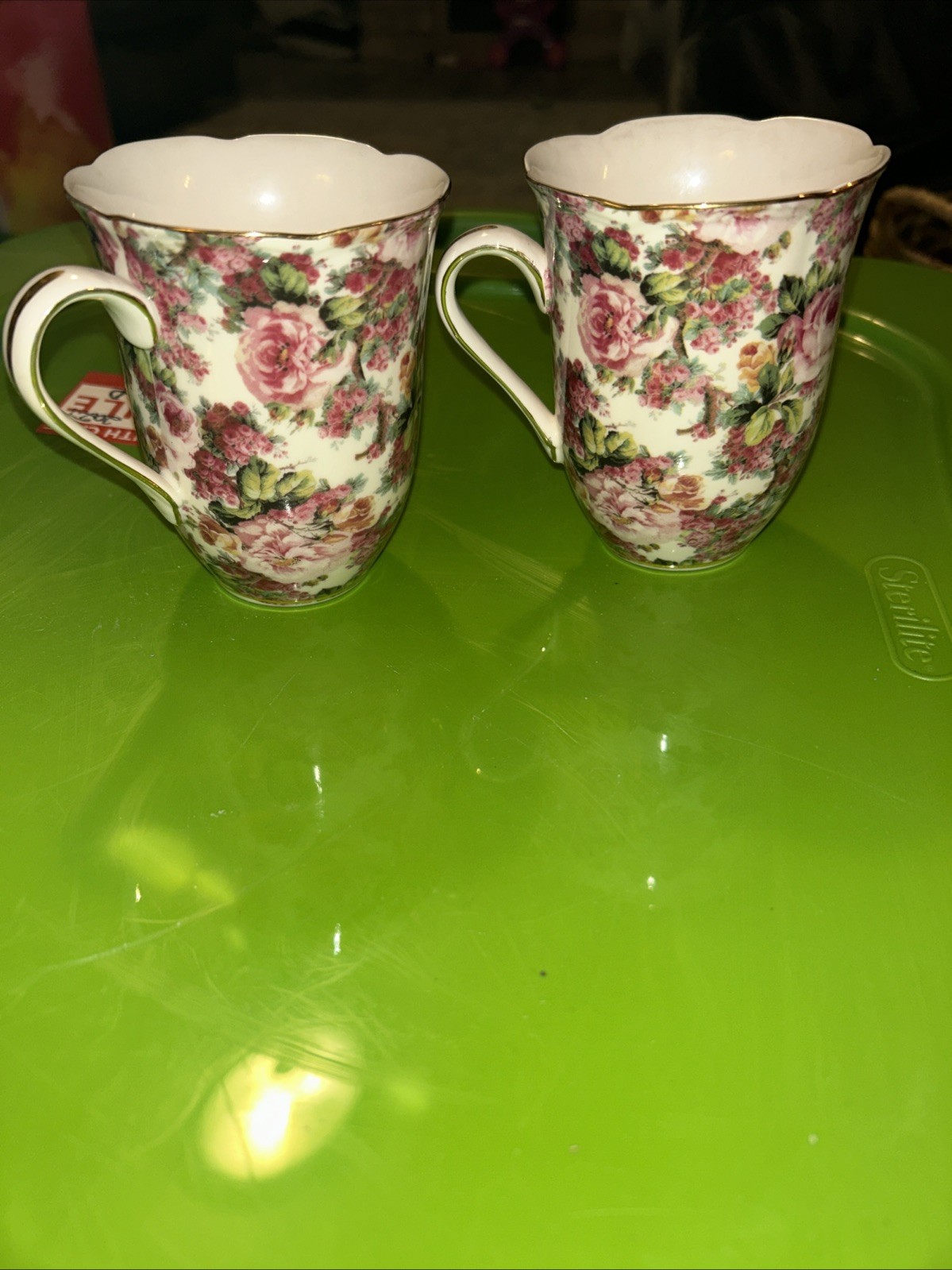 Rose Chintz Set of 2 Fine Peppertree China Peonies 10oz Tea Cups/Coffee Mugs