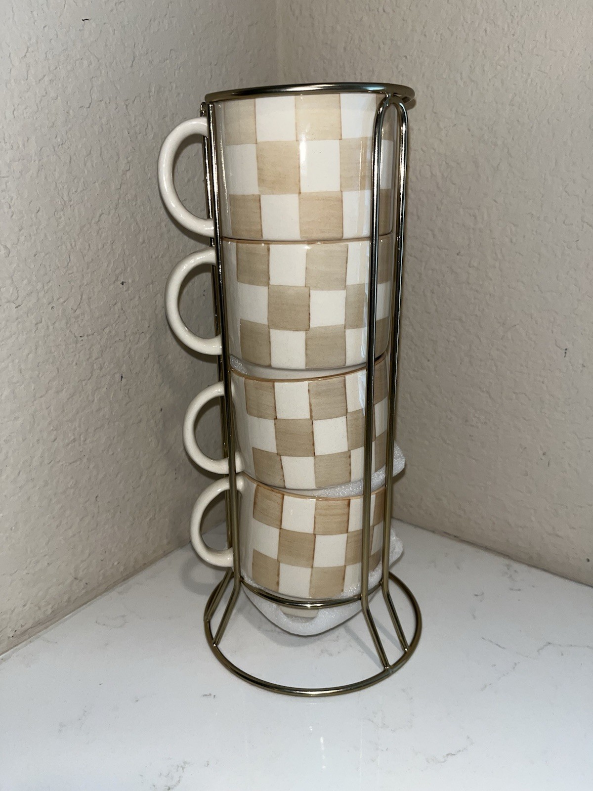 MADE IN INDIA MOCHA CHECK NWT STACKABLE COFFEE MUGS SET OF 4