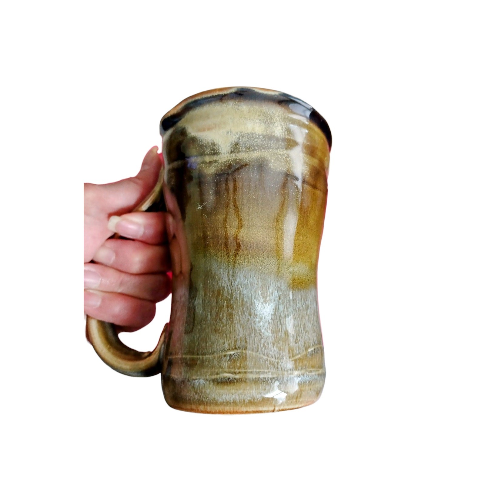 Studio Pottery Glazed Gray Green Brown Coffee Mug Stein, Impressed Mark Unknown