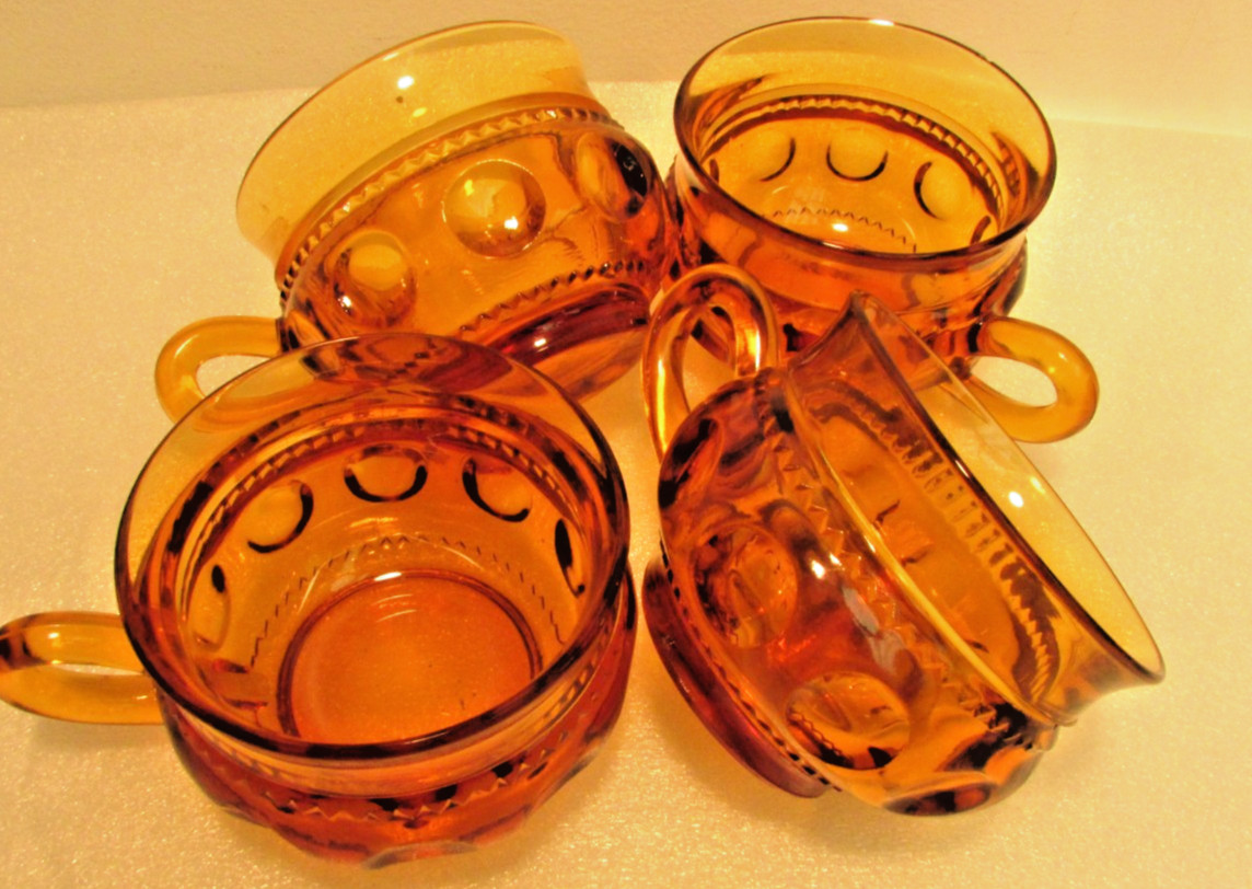Set of Three 4 Indiana Glass Amber Thumbprint Zigzag King’s Crown Teacup VTG