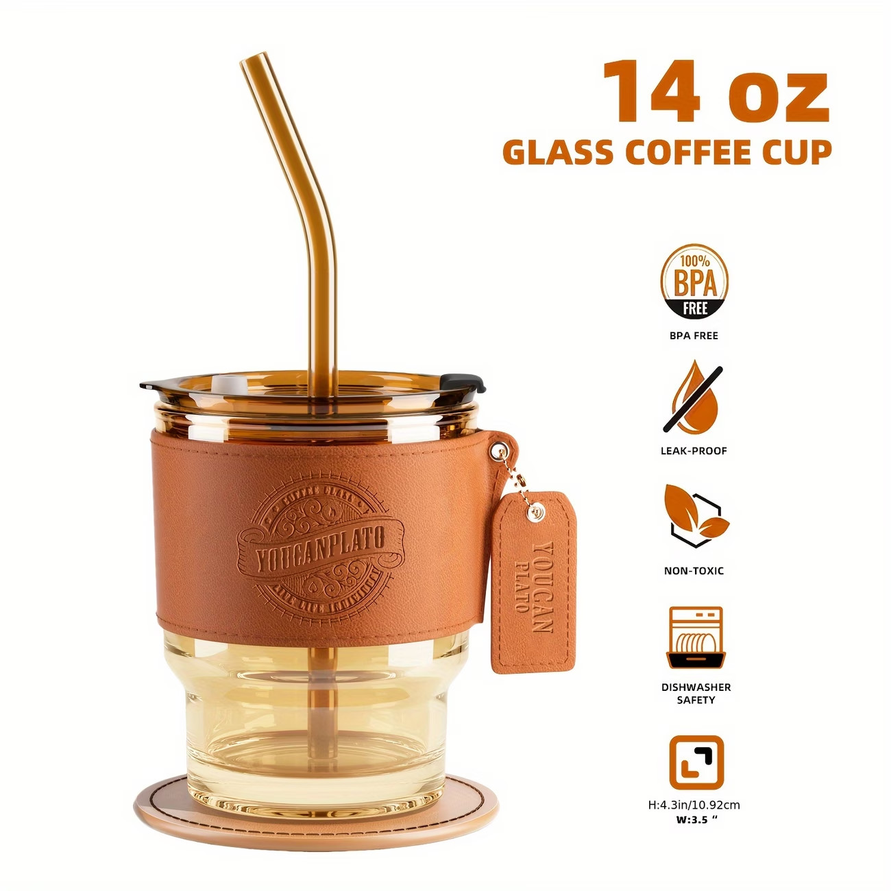 14oz Glass Coffee Cup with Straw, Coffee Travel Mug, Water Bottles for Men/woman