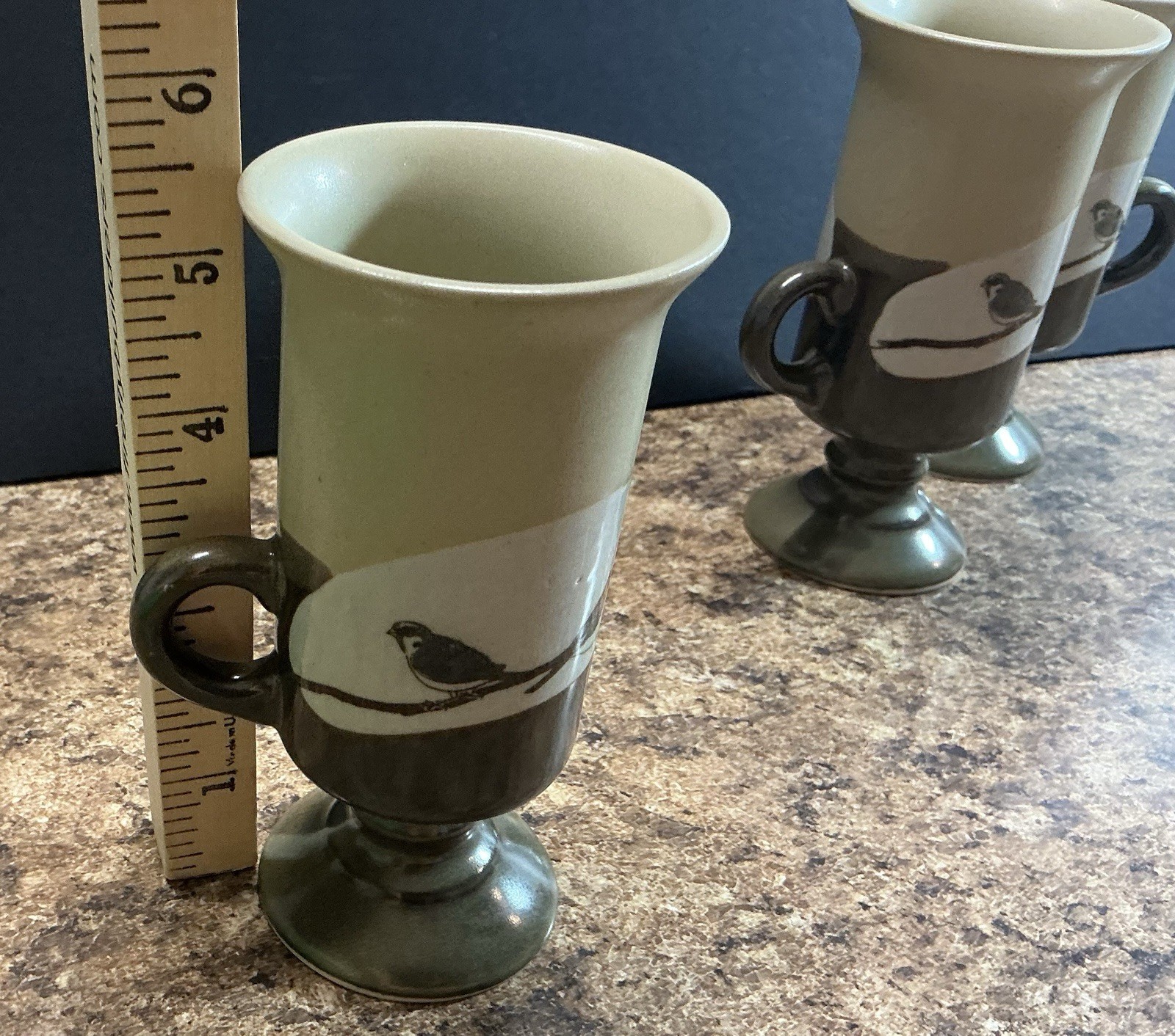 Unbranded Bird On Branch Pedestal Mug Set Of 4 Tan White Brown Green Tone Nature