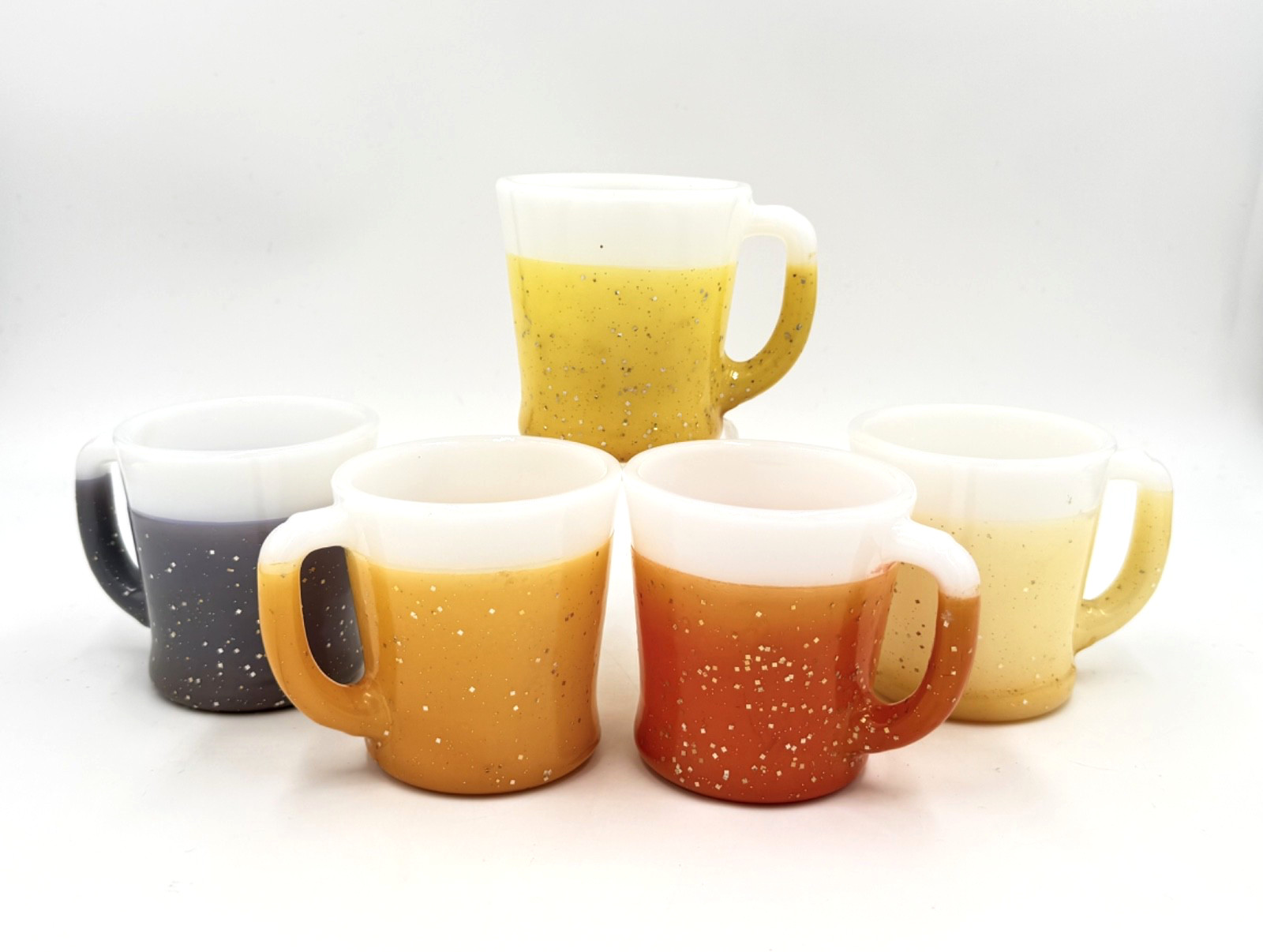 1950’s Fire King Glamalite Coffee Mugs w/Glitter Rubber Coating – Set of Five