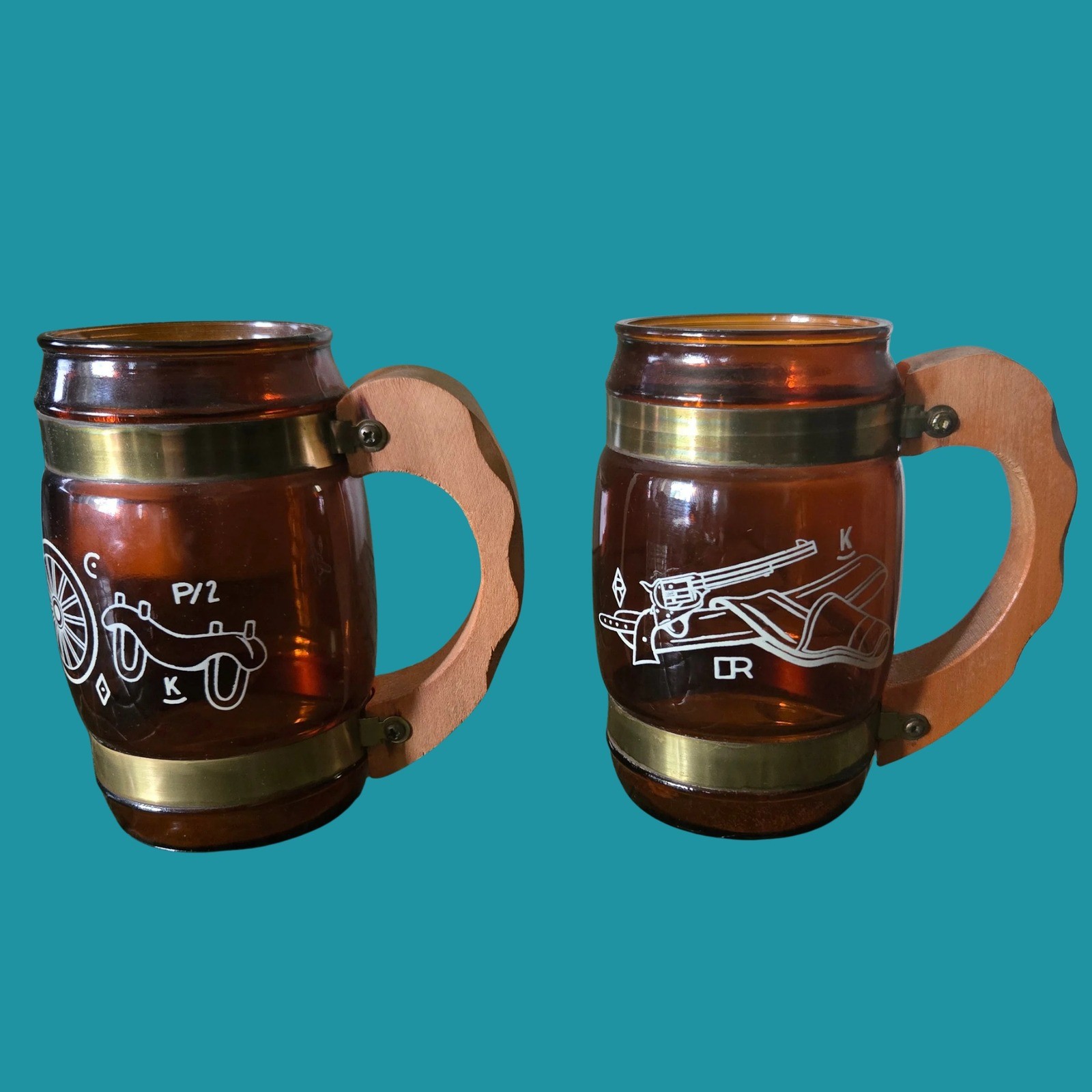 Vintage Siesta Ware Amber Glass Western Mugs Wood Handle Set of 2 Wagon Revolver