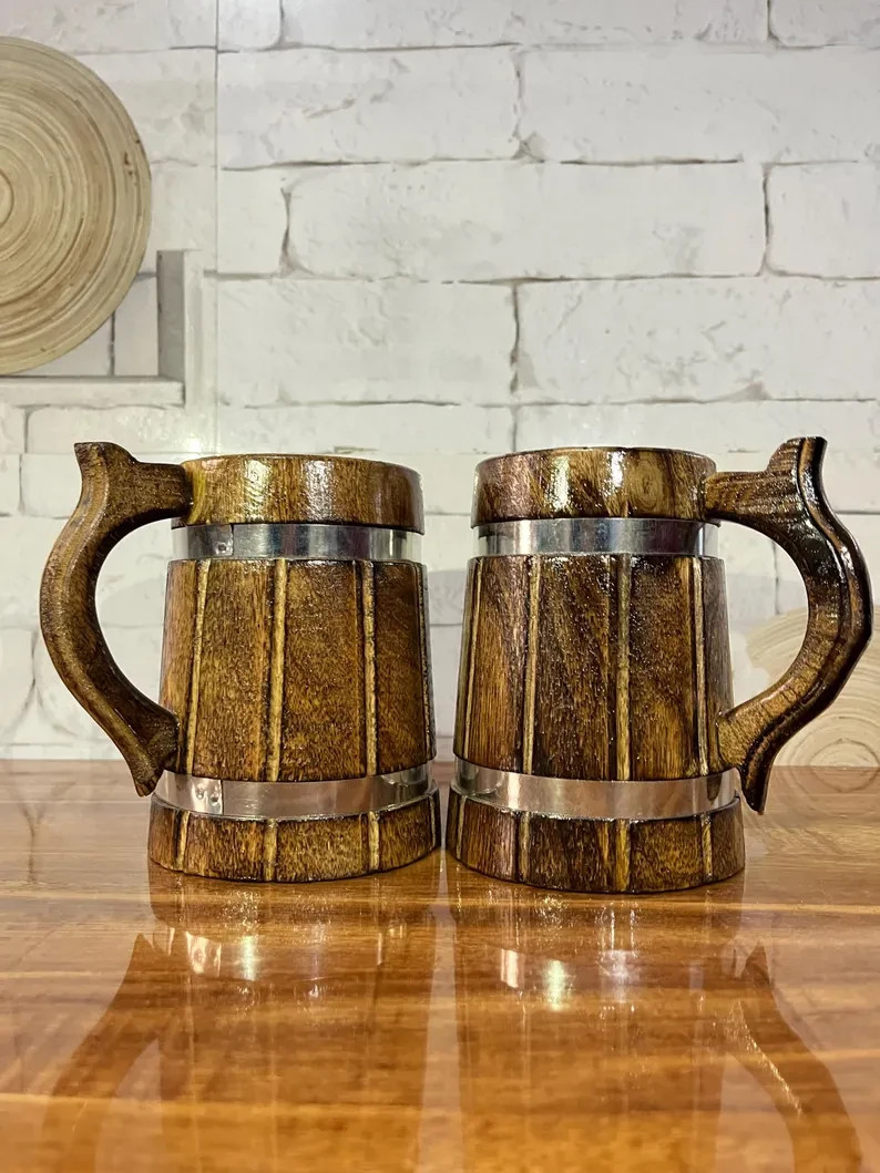 Rustic Wooden Beer Mugs with Metal Bands – Handmade Viking Tankards – Medieval