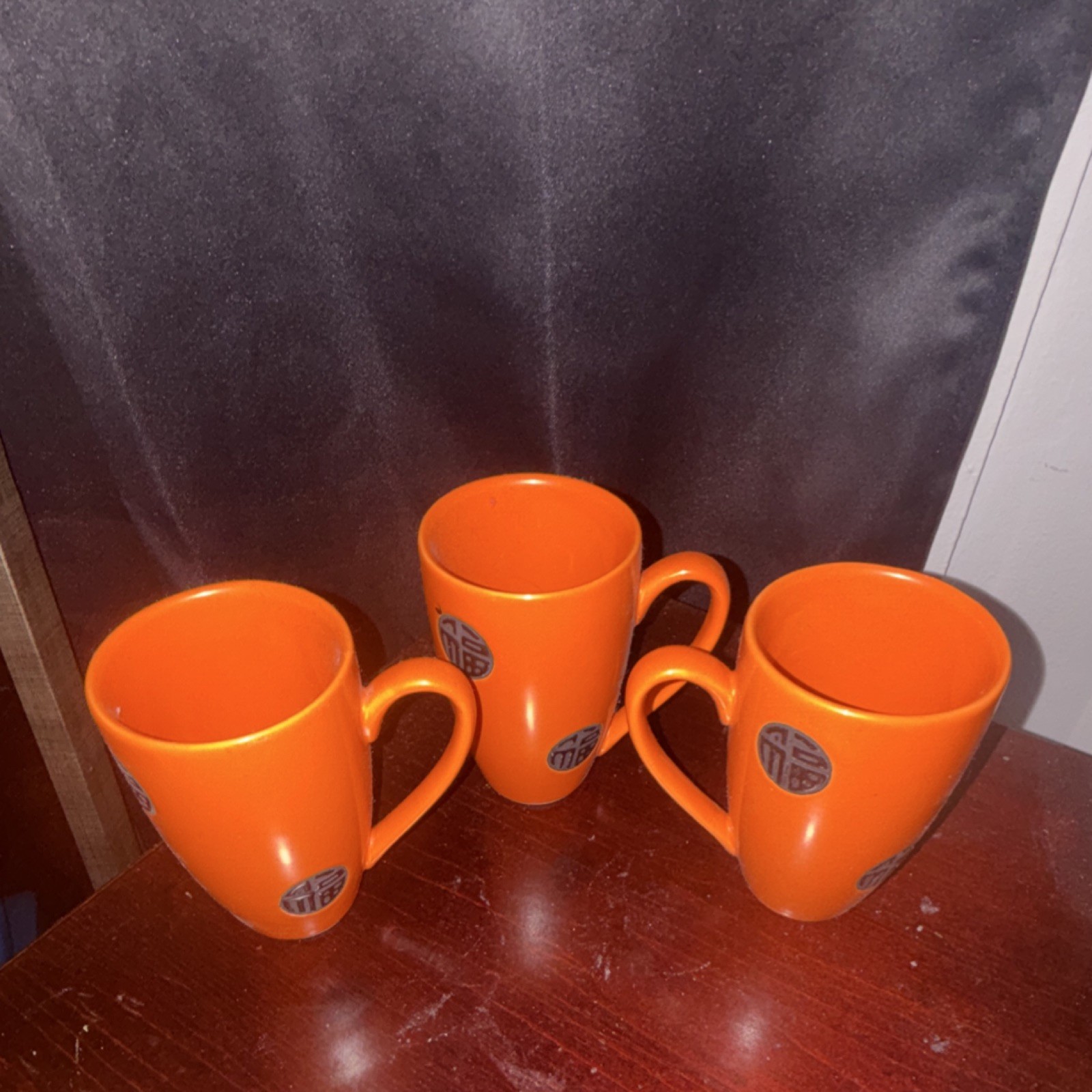 Ceramic Orange Coffee Mug Set, Three-Piece Solid Color, Round, Used