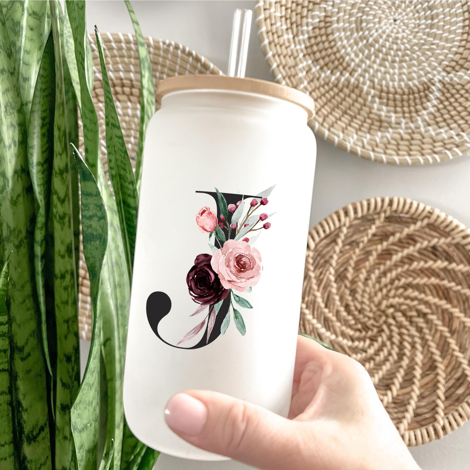 Personalized Monogrammed Glass Cup with Lid & Straw, Bridesmaid Gift
