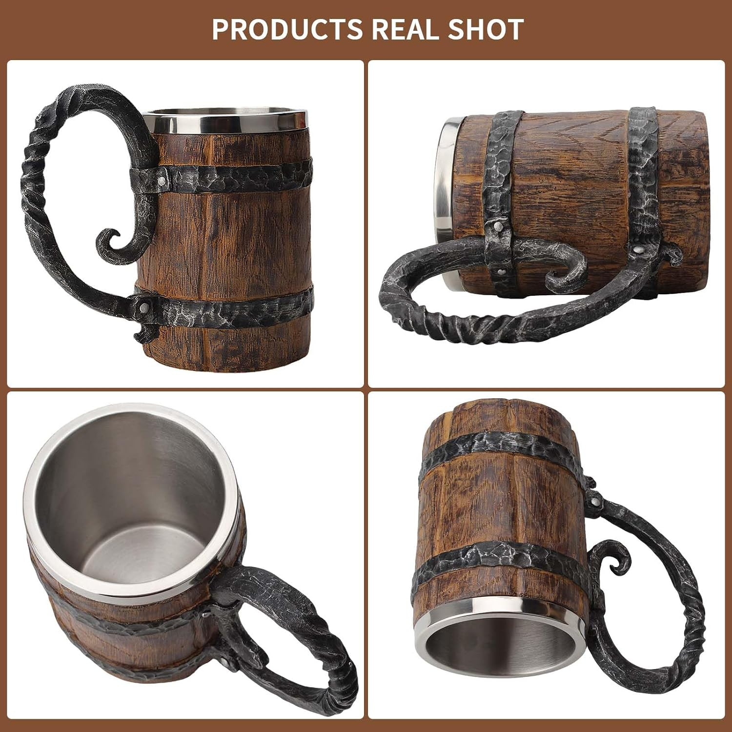 Wooden Barrel Beer Mug Viking Stein Tankard Stainless Steel Gift Men Gold Silver