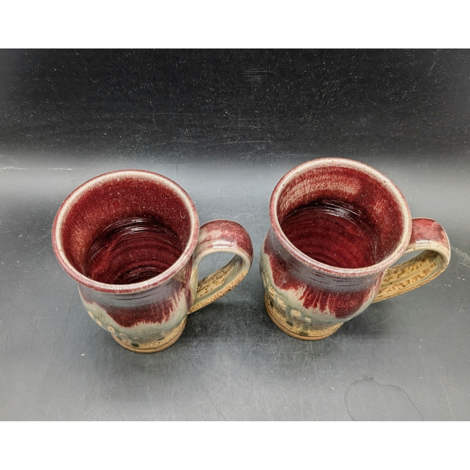 Ray Studio Pottery Signed Mugs Set of 2 Burgundy Green Drip Glaze Stoneware