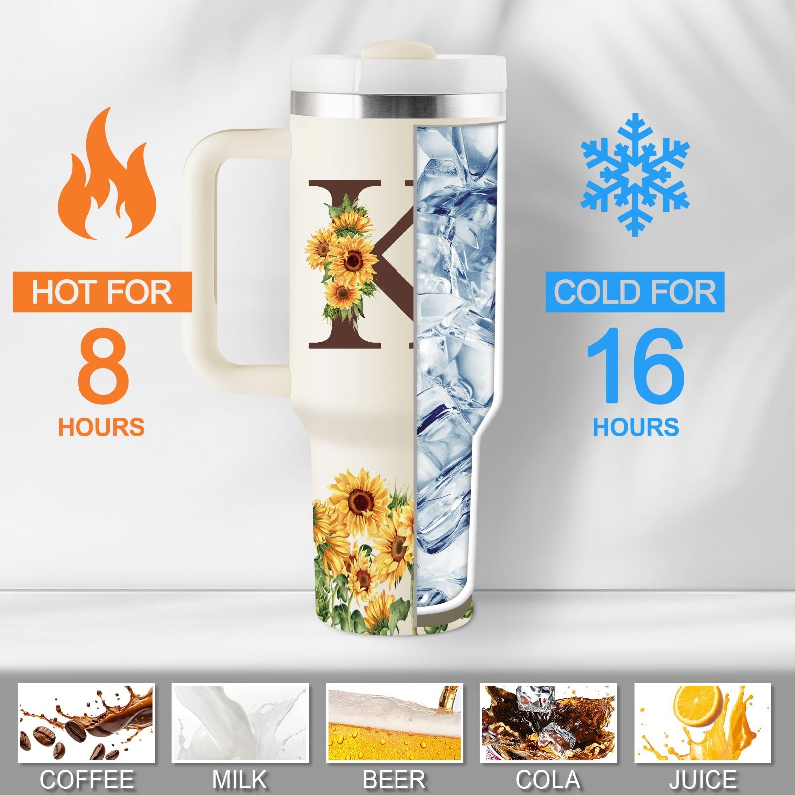 ROSTANTEN Sunflower Gifts for Women – Monogrammed 40 oz Tumbler with Handle &