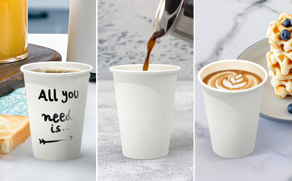 Coffee Cups, Leak-Free Food Safe Paper Cups, Disposable White Paper Cups for