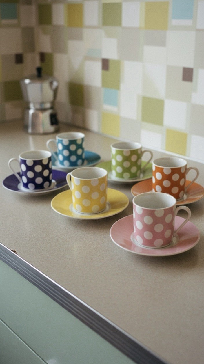Colorful Polka Dot Espresso Cups & Saucer Set of 6 | Retro Dots