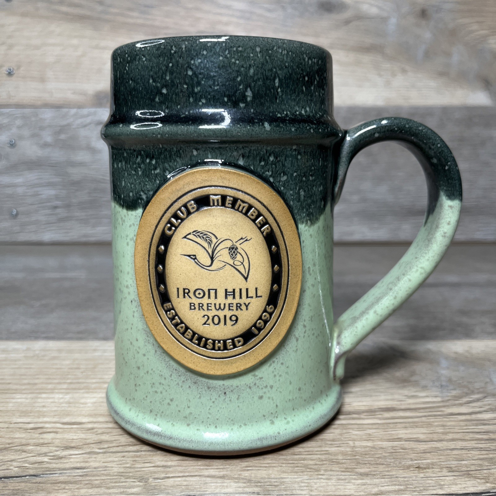 IRON HILL BREWERY 2019 Club Member Mug Green Drip Glaze Pottery Stoneware Stein