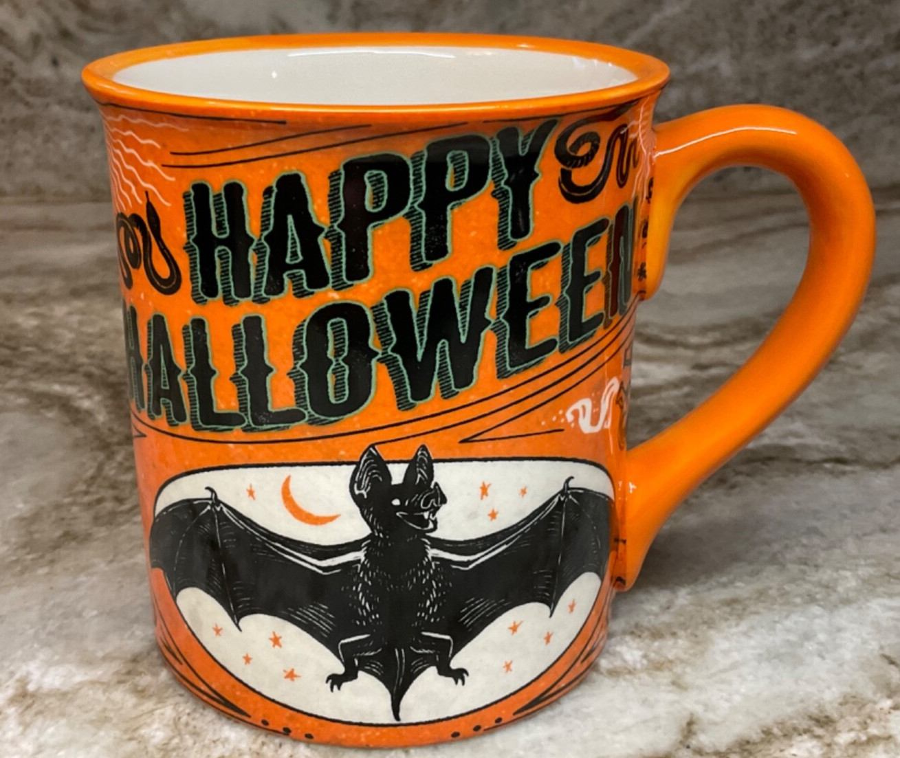 Large Cofffee Mug Happy Halloween With Bats, Snakes Moon And Stars. New