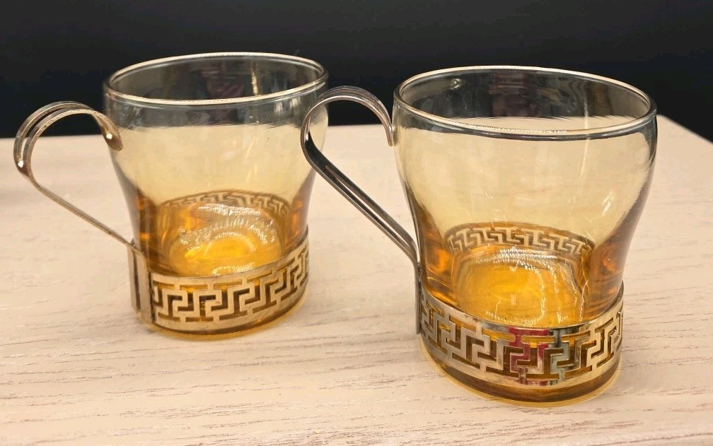 Mugs Set 2 Libbey Greek Key Amber Glass Gold Coffee Tea VTG