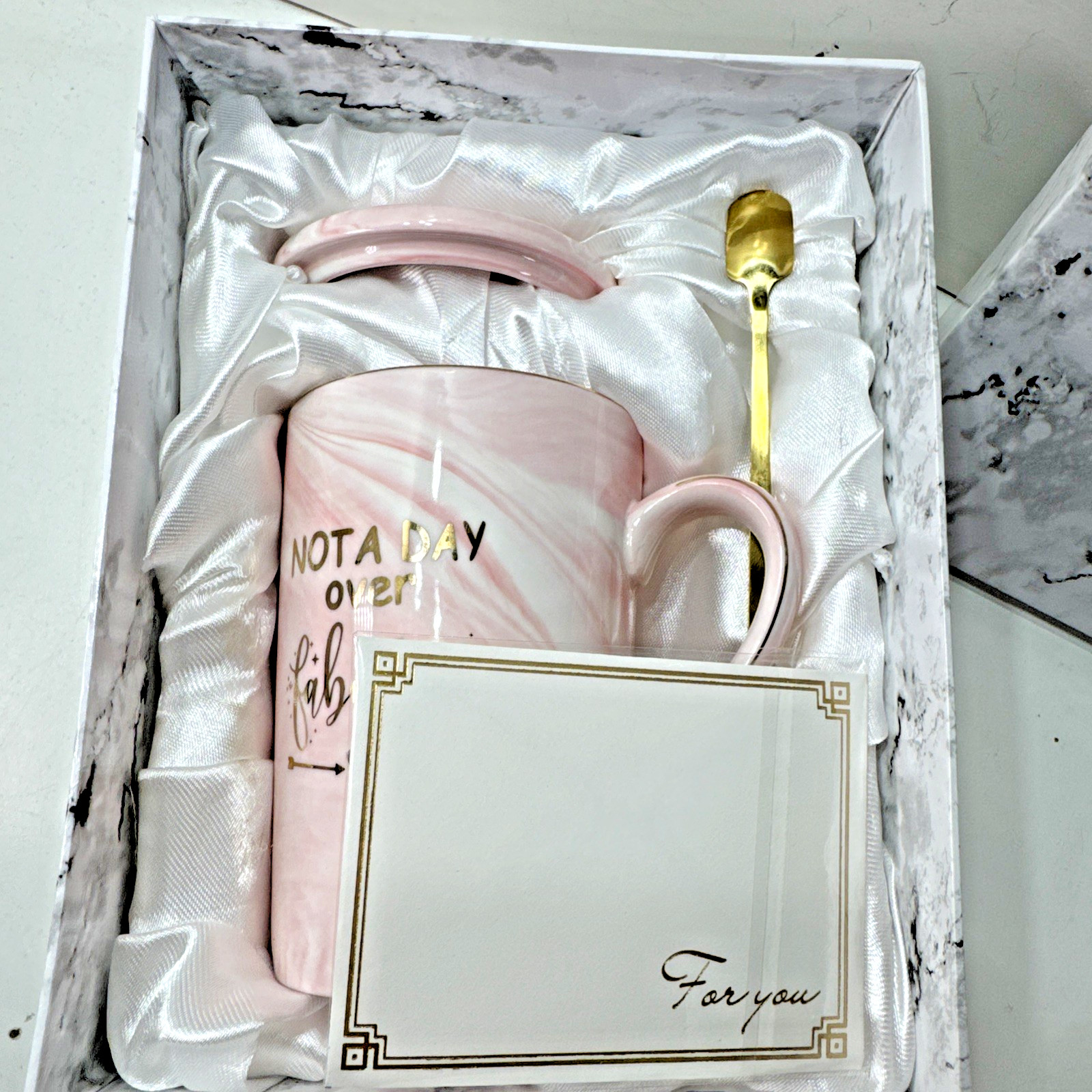 NEW Jumway Pink Marble Mug Set Not A Day Over Fabulous Latte Cup Lid &Stir Spoon