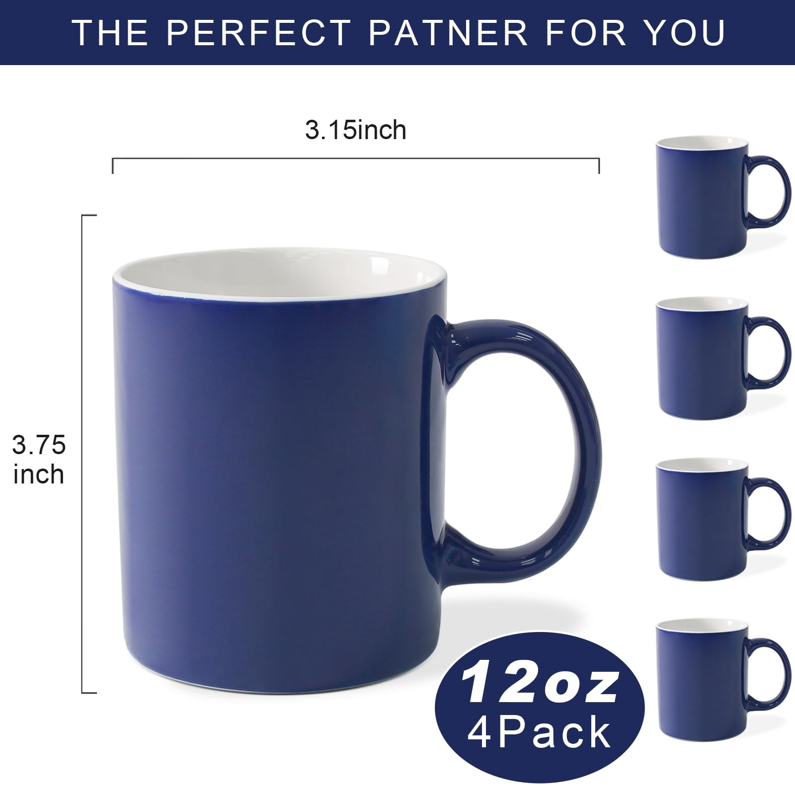 12 oz Cup Plain Gloss Blue Ceramic Coffee Mug Set of 4 for Milk, Tea, Glazed …