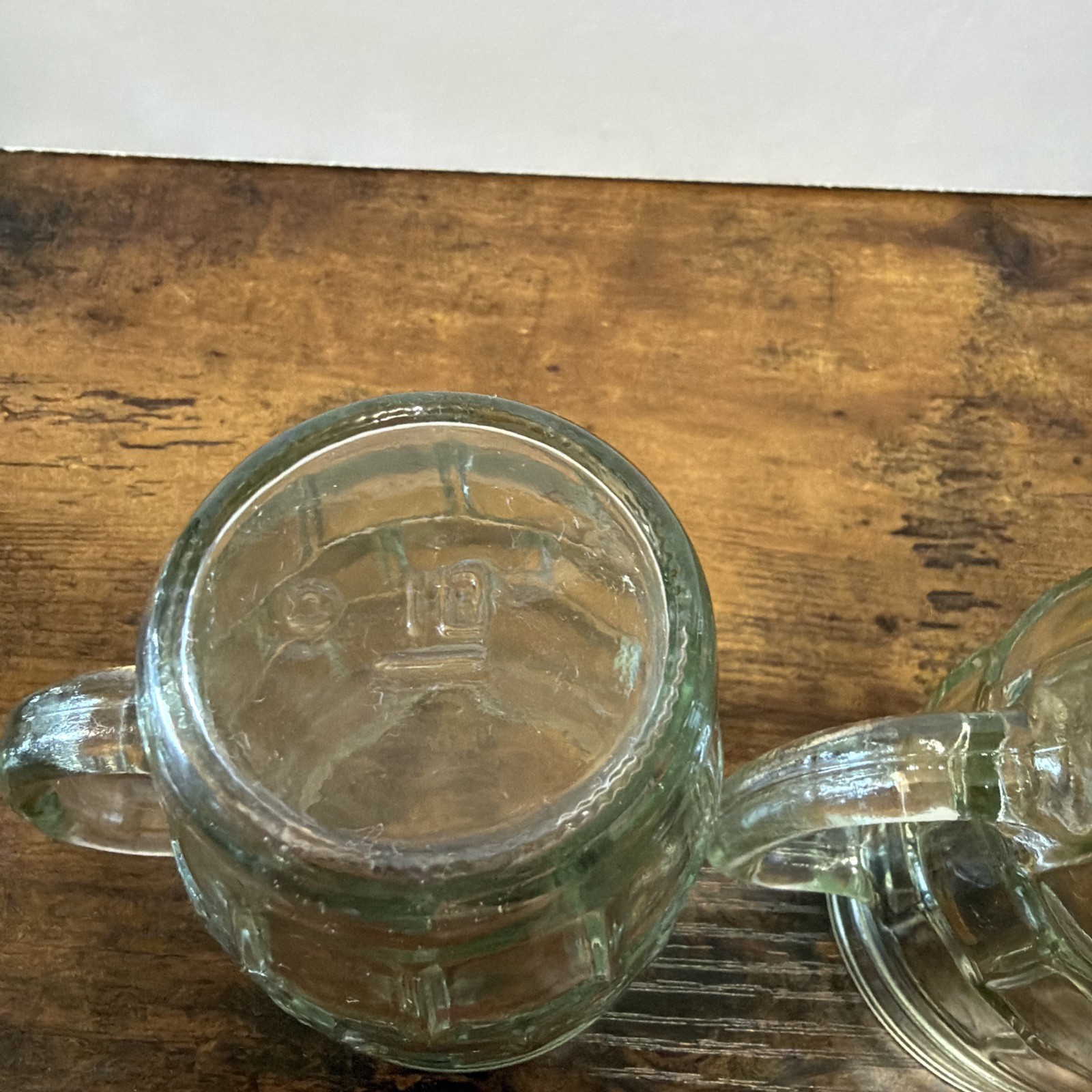 Set of 4 Clear Glass Beer Mugs Geometric Pattern Round 4.75in Green Tint