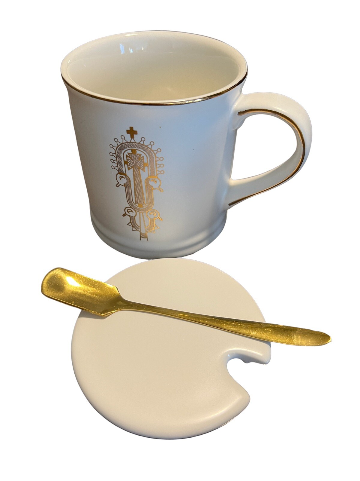 NEW Lidded Coffee Mug w/Gold Spoon Depict Christian Ethiopian Processional Cross