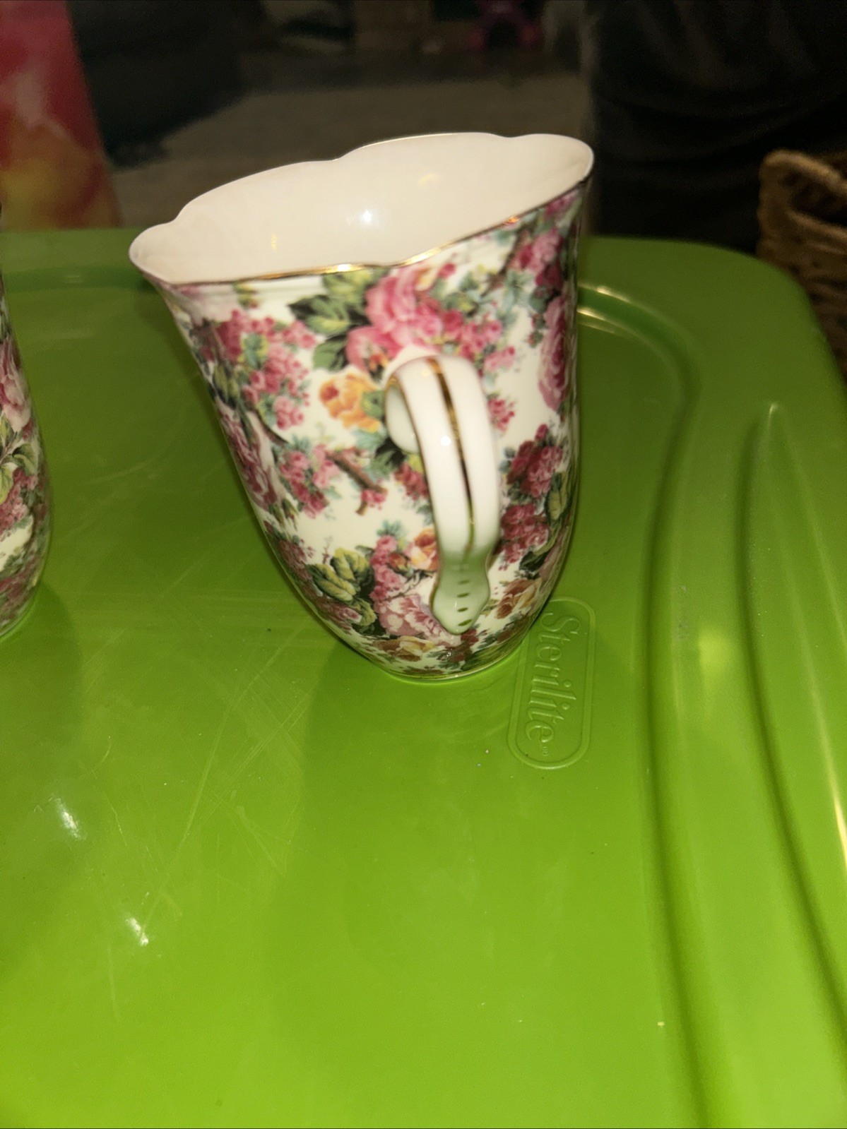 Rose Chintz Set of 2 Fine Peppertree China Peonies 10oz Tea Cups/Coffee Mugs