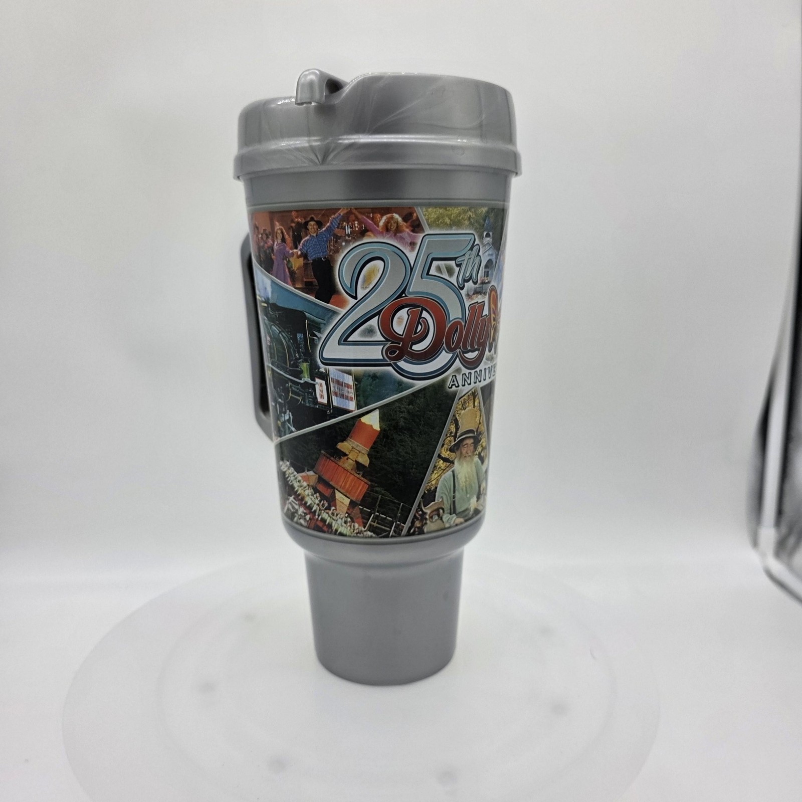 Dollywood Travel Mug Gray Plastic 25th Anniversary Theme Park Logo Handle Cup