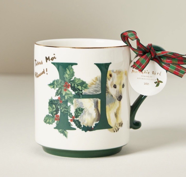 Anthropologie Nathalie Lete Stoneware Holiday Monogram Mug H NEW Christmas Gift