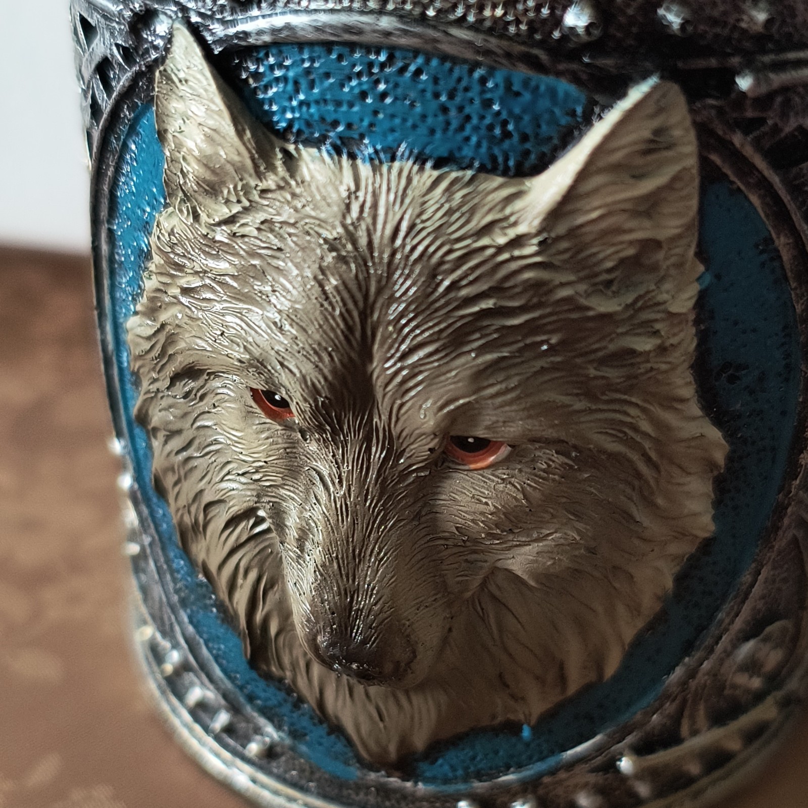 3D Wolf Decorated Metal Mug, 16 oz, Silver/Blue, Round 1-Piece Set