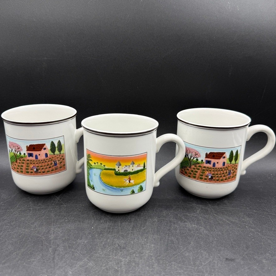 Vintage Villeroy Boch Design Naif Coffee Mugs Set of 3 Folk Art Country