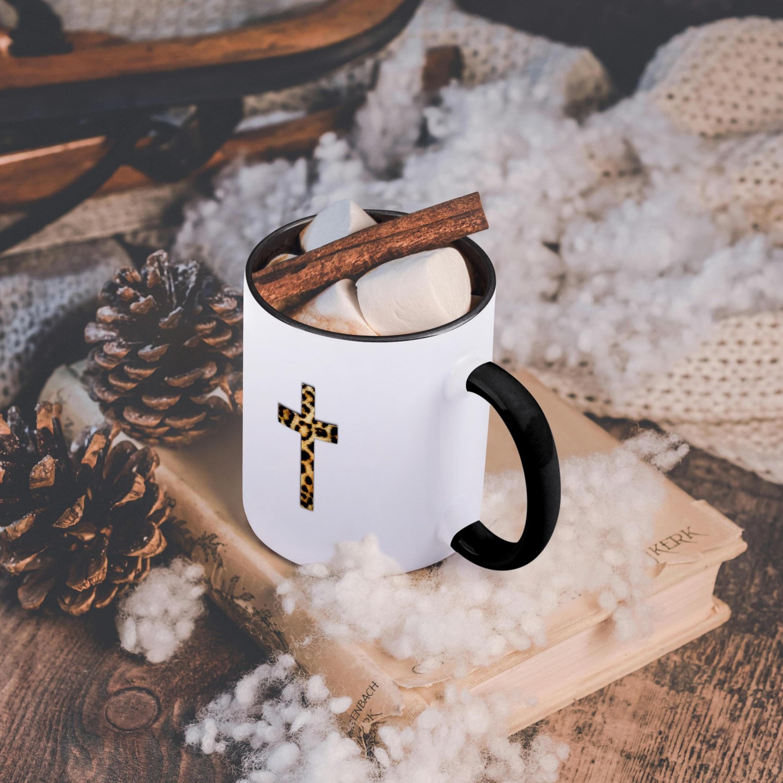 3dRose Christian Cross Leopard Print Two Tone Black Mug 11oz Religious Gift