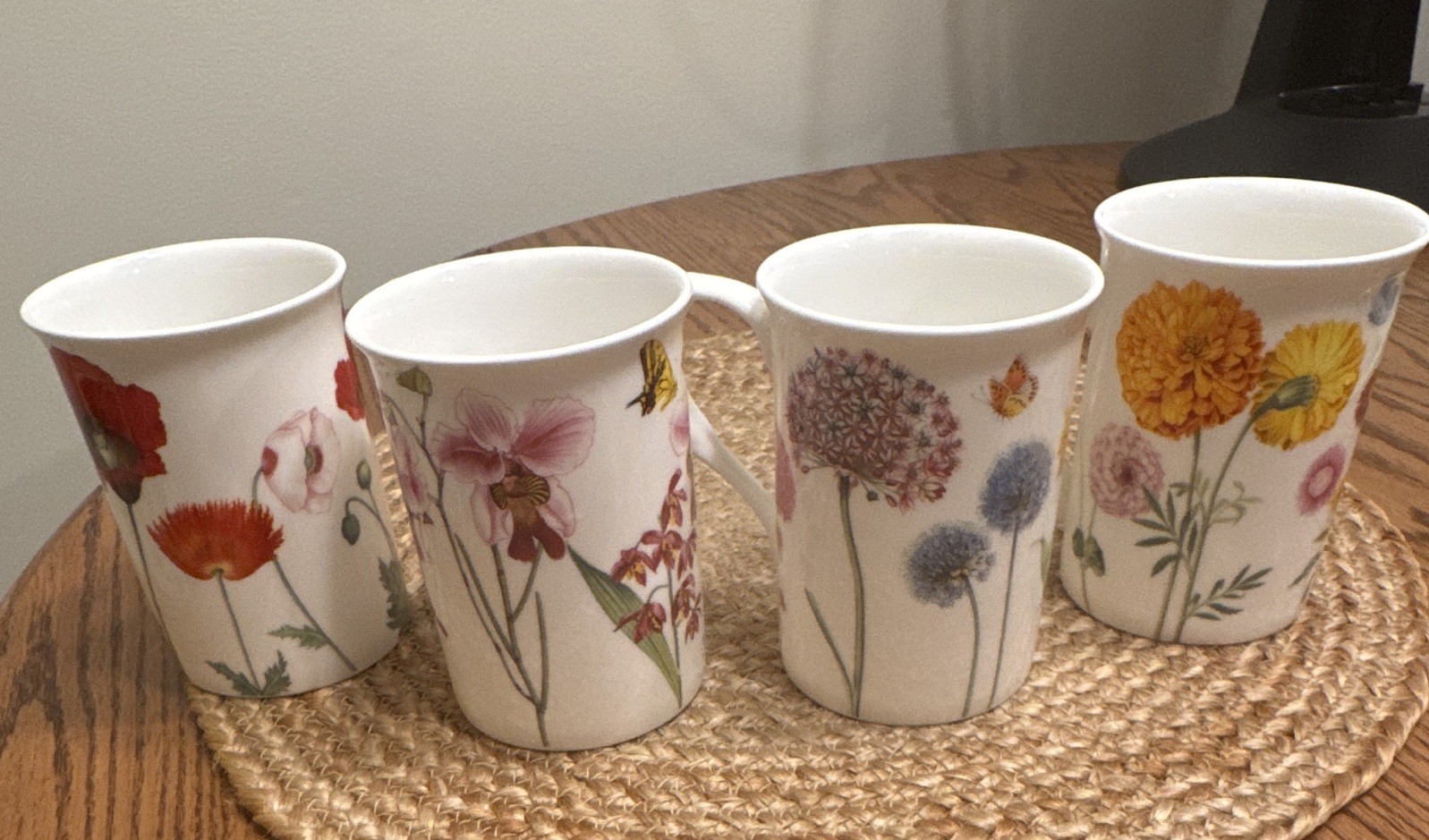 Stechcol Gracie Bone China Floral Butterfly Coffee Mug Set of 4 8 fl oz White