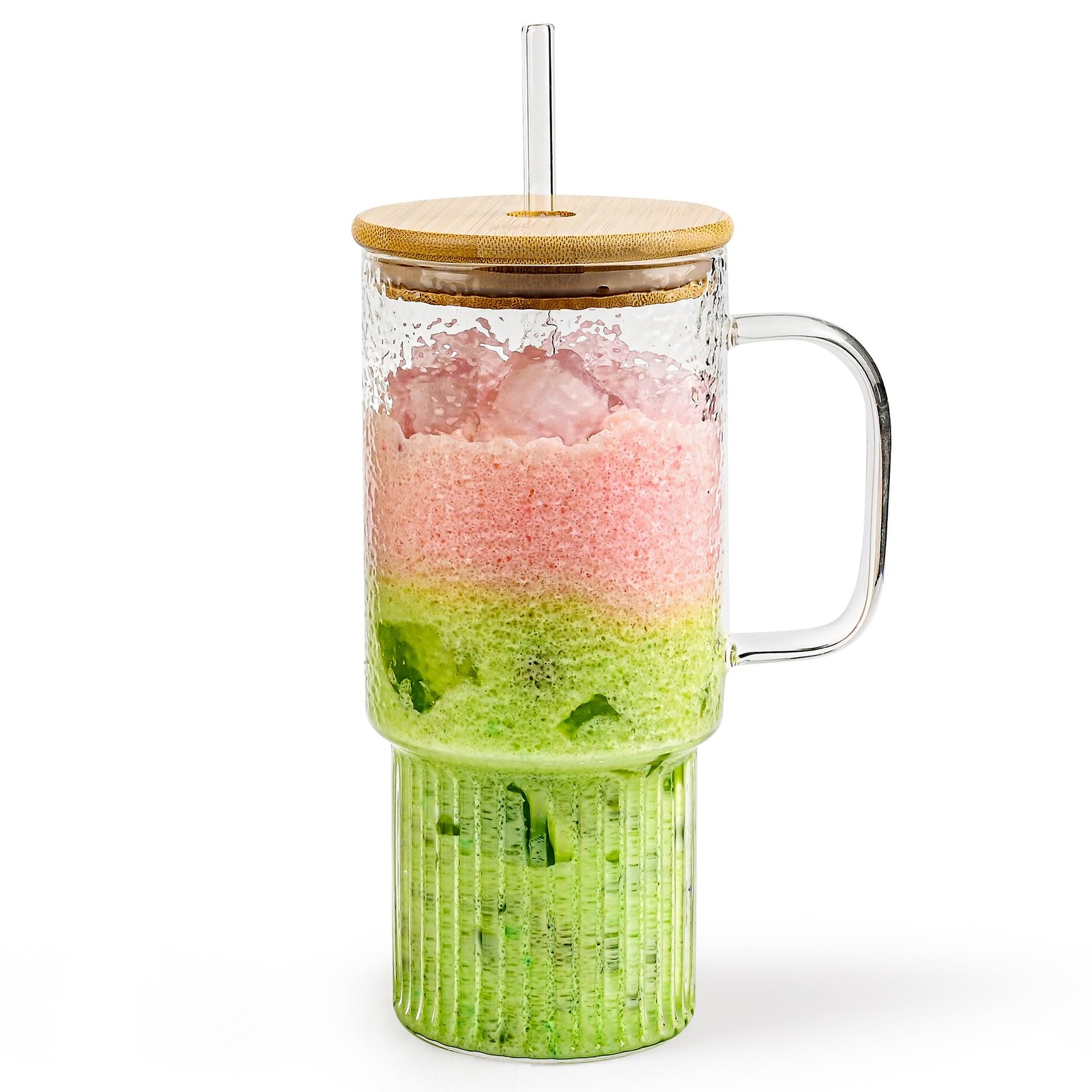 32oz Ribbed Borosilicate Glass Tumbler with Handle, Bamboo Lid and Straw, Ice…