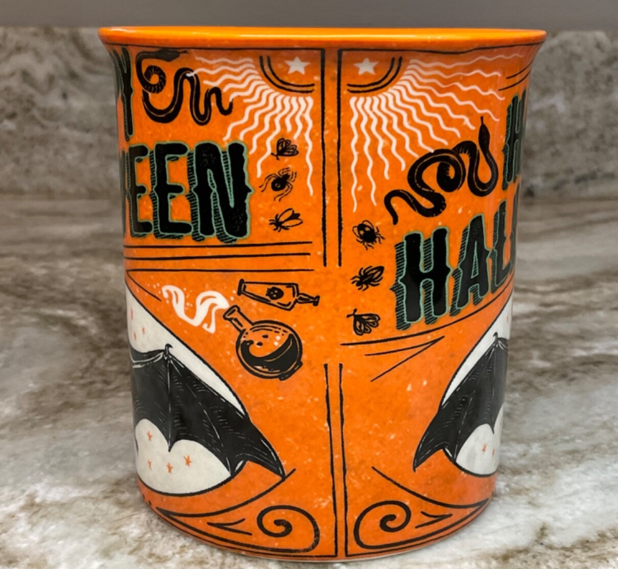 Large Cofffee Mug Happy Halloween With Bats, Snakes Moon And Stars. New