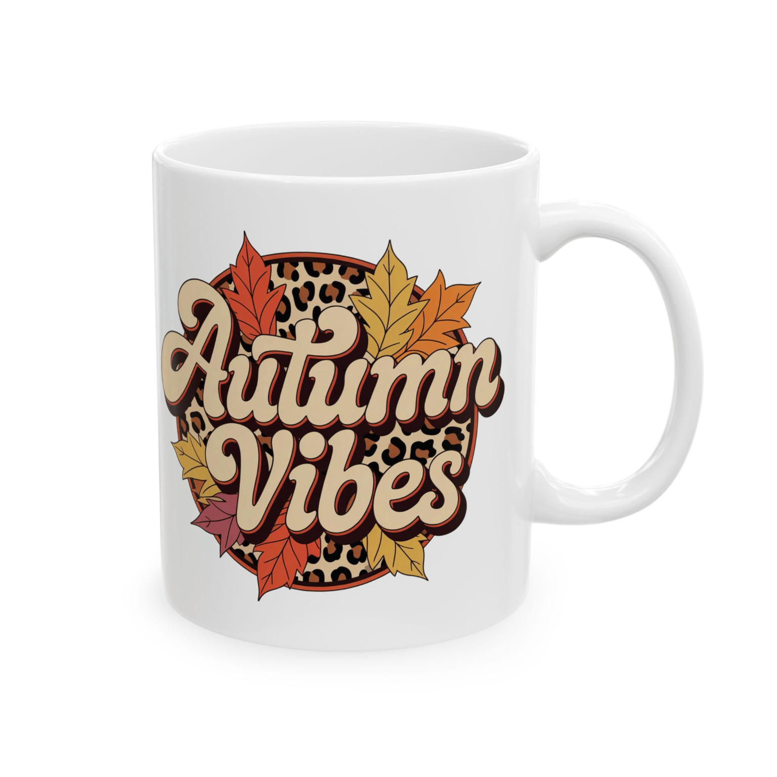 Autumn Vibes Mug Fall Coffee Cup with Leopard Print and Colorful Leaves Design