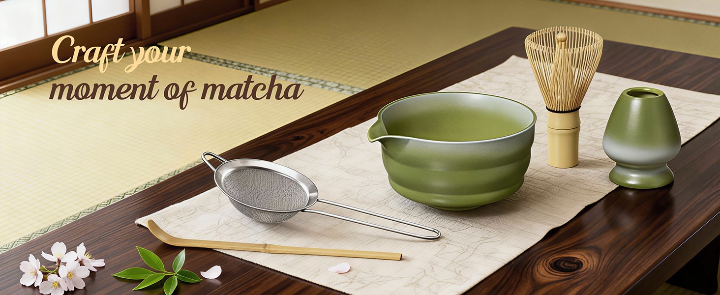 5 Pcs Gradient Green Matcha Set – Ceric Bowl, Bboo Chasen, Holder,