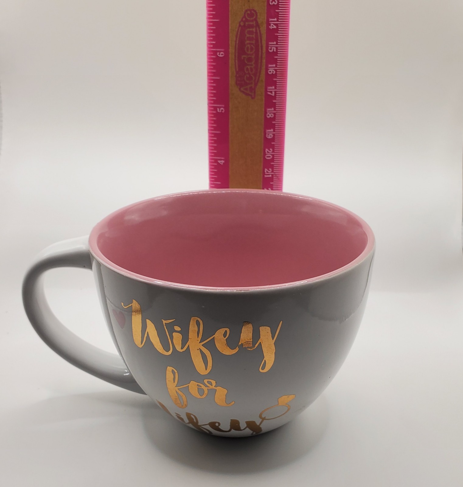 “Wifey for Lifey” White/Pink/Gold 16 oz Coffee/Tea Mug, Gold Ring Stamp Inside