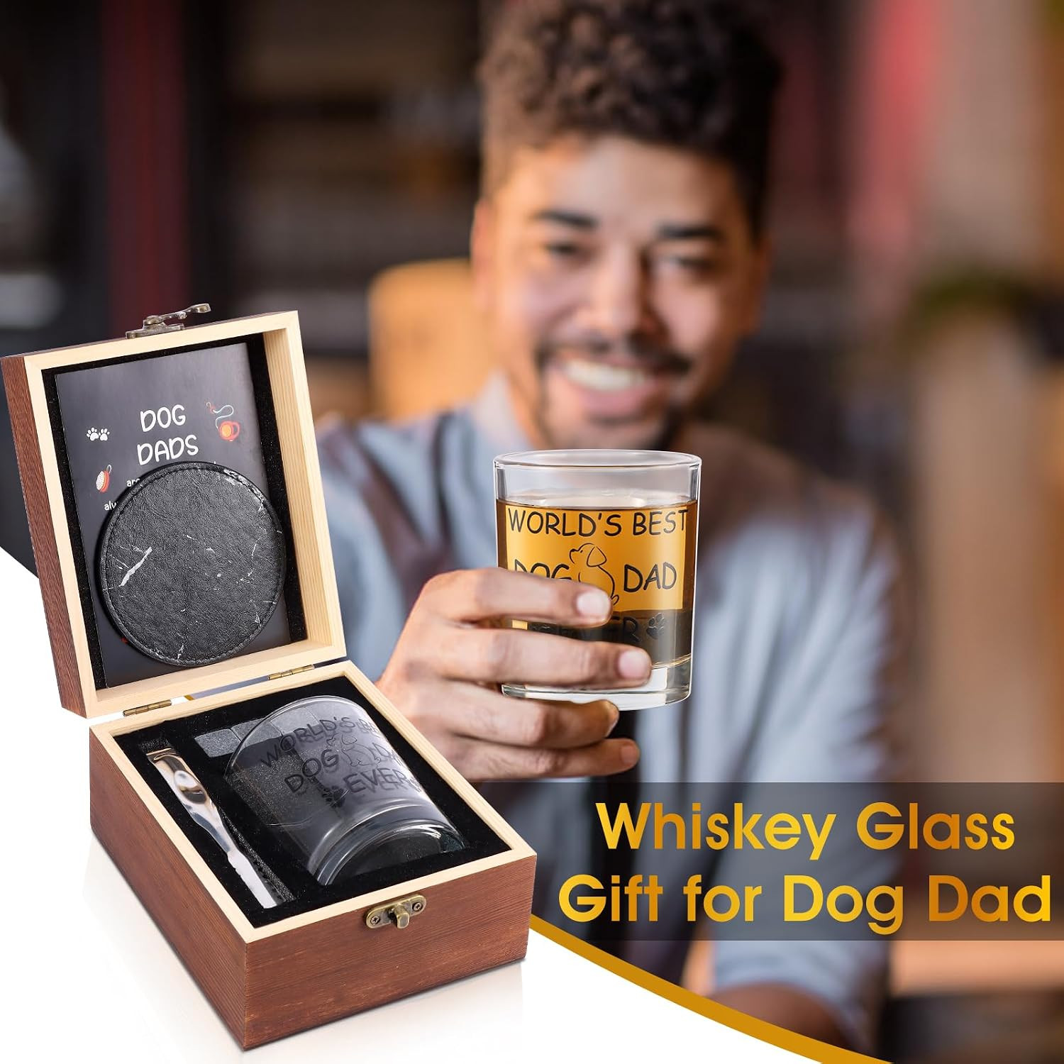 Dog Dad Gifts, Best Gift for Dad, Gift with 12Oz Whiskey Glasses, Stones, Coaste