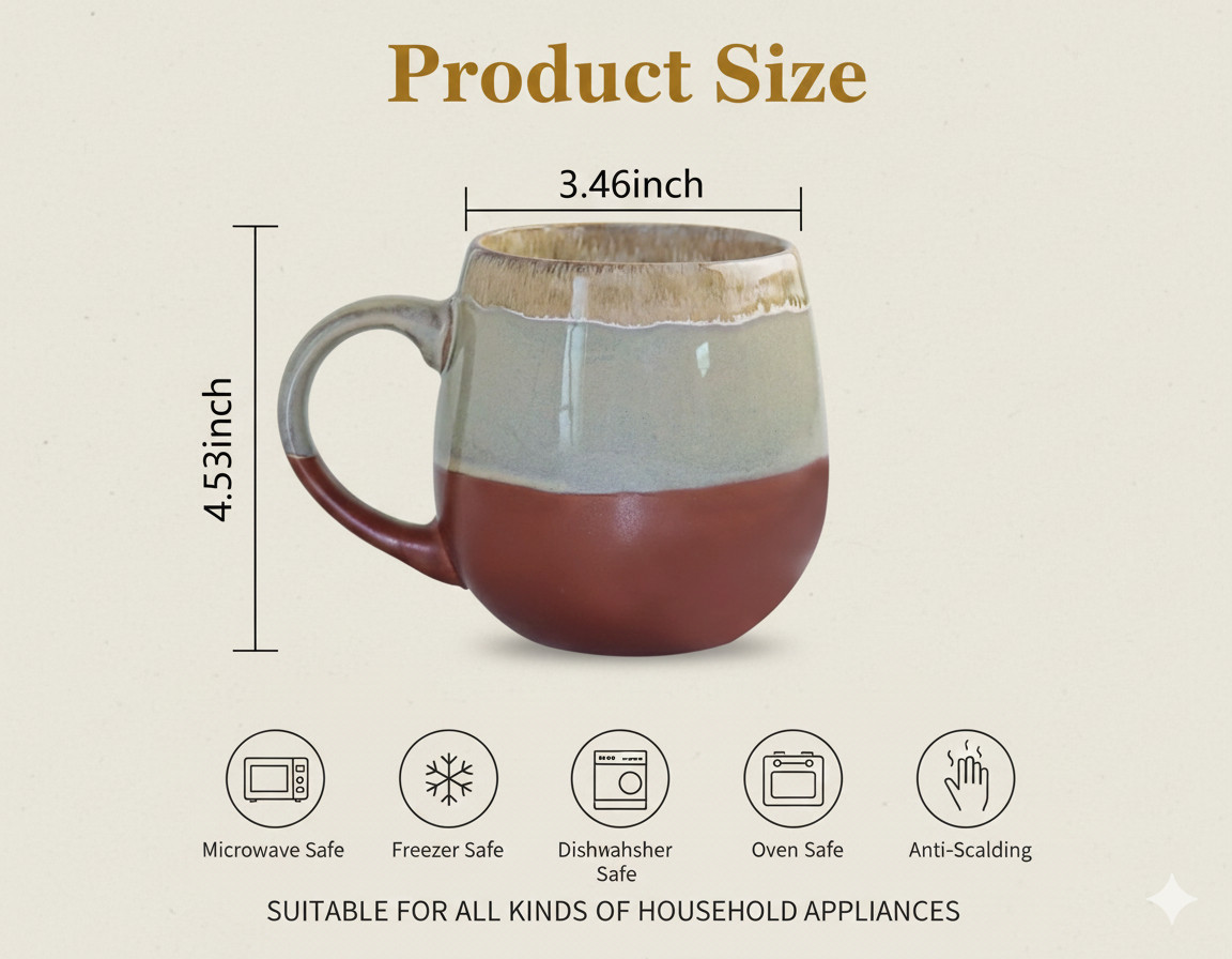 18oz Ceramic Belly Mugs | Rustic Three-Tone Design | Coffee & Tea Gift